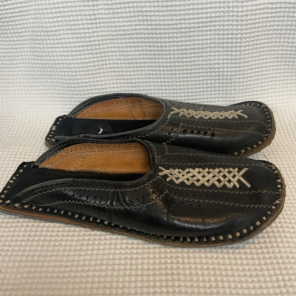 Handmade Black Leather Slip On Mules Moccasins Boho Ethnic Slipper Shoes Men's 8